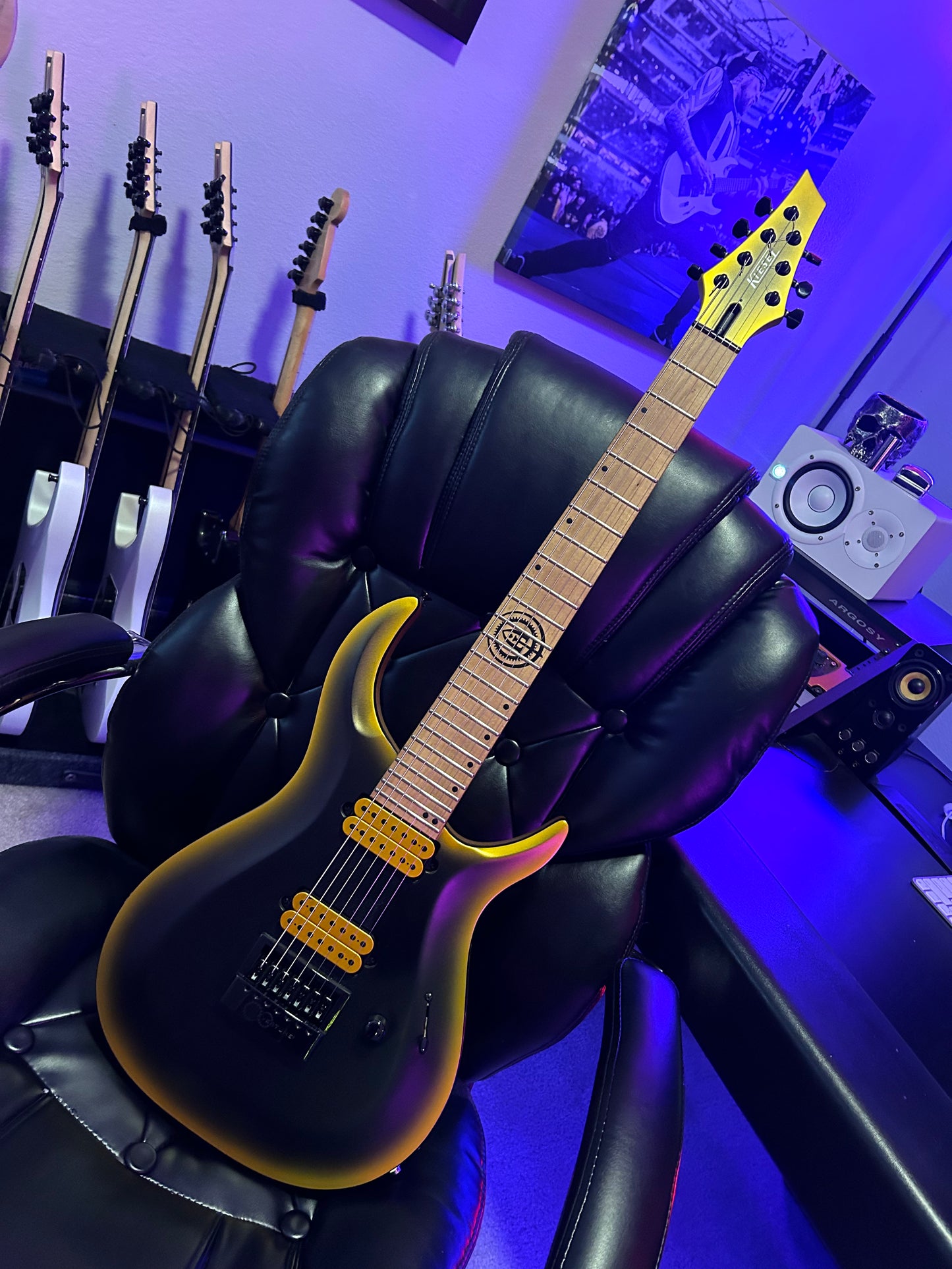 Black and Gold 7 string Kiesel guitar