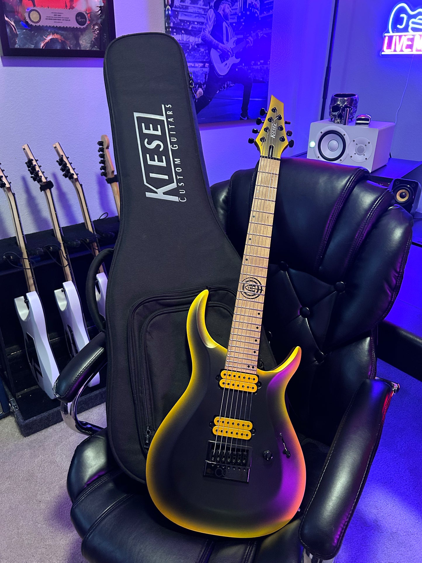 Black and Gold 7 string Kiesel guitar