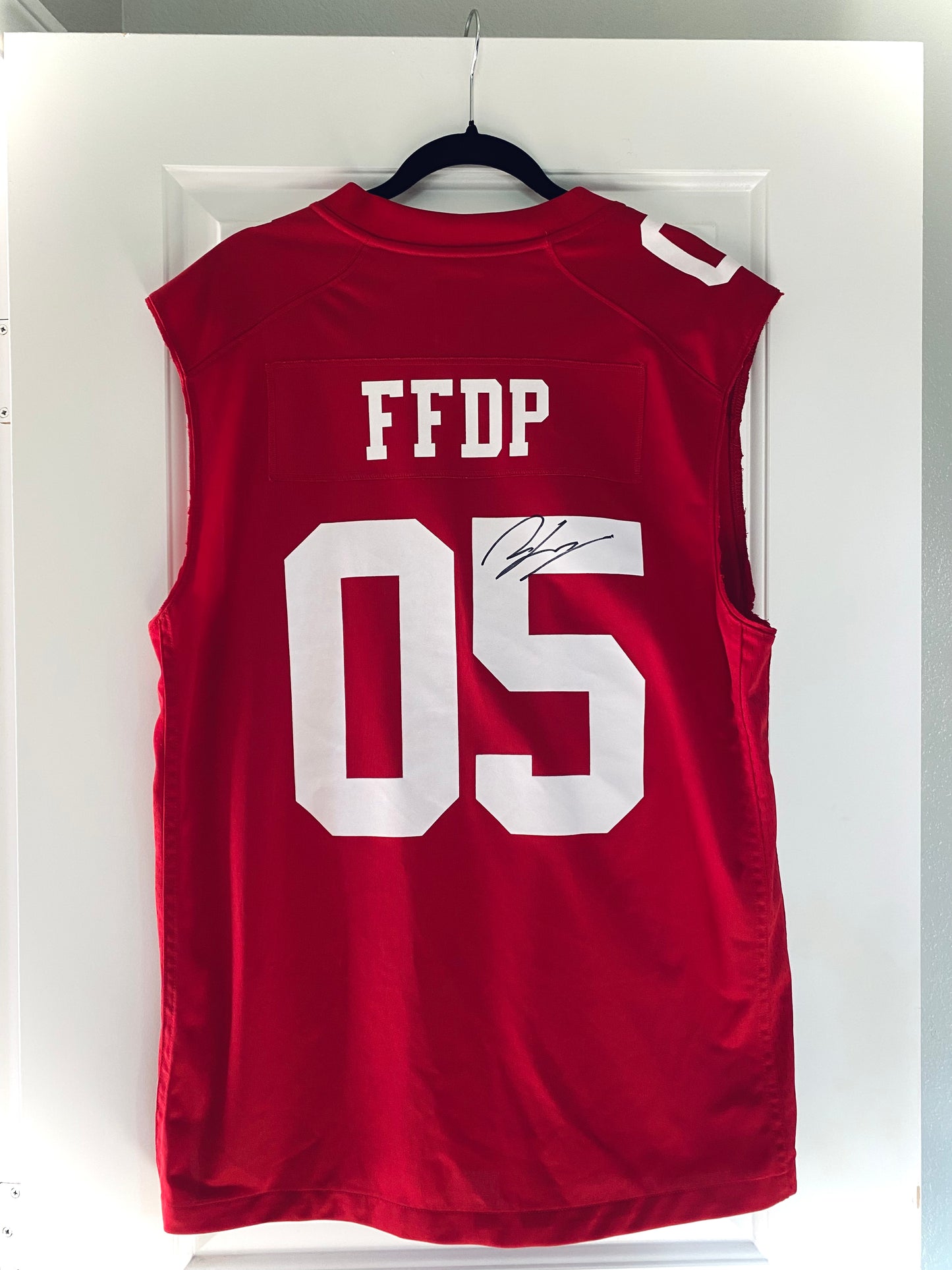 Signed and stage worn Andy James jersey - ffdp 05 Red/White nfl sleeveless